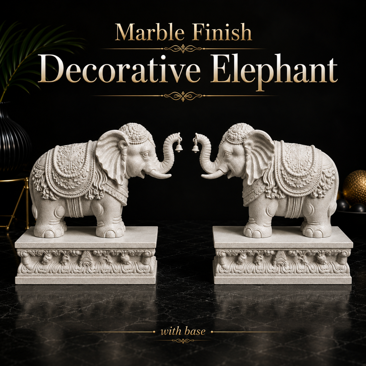 Premium Marble Finish Decorative Elephant With Base | 3D Printed Elephant Showpiece