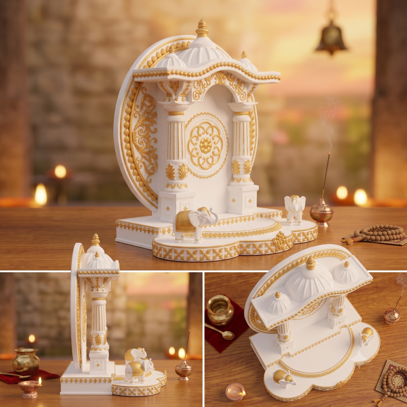 Premium White and Gold Mandir Sinhasan for God Idols