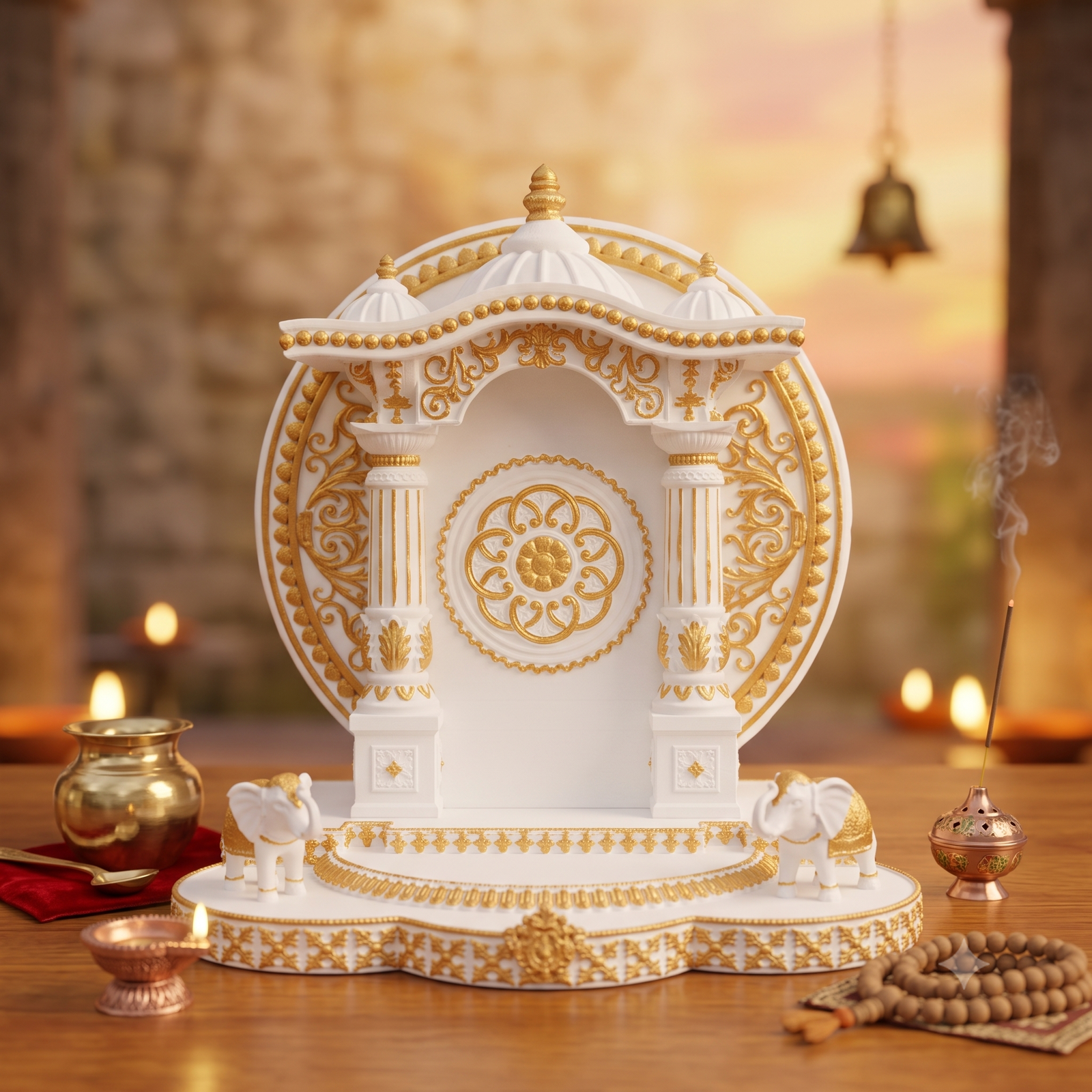 Premium White and Gold Mandir Sinhasan for God Idols