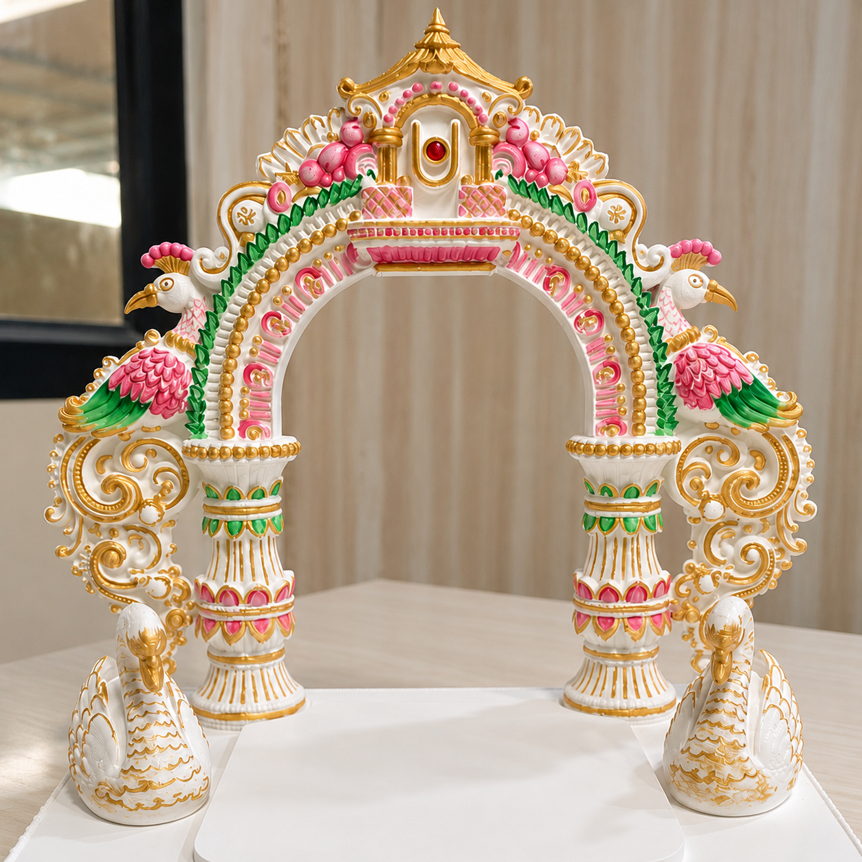 Premium Decorative Peacock Arch Sinhasan with Swan Accents for Home Temple